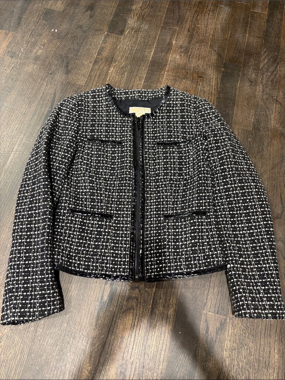 Michael Kors Black and White Tweed Collarless Zip Jacket